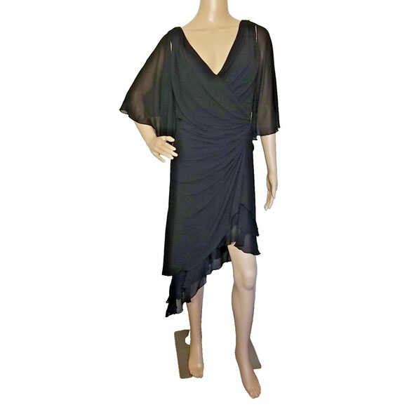 Tadashi Black Chiffon V Neck Rouched Waist High Low Hem Dress 6/8?     T15 - Picture 1 of 10